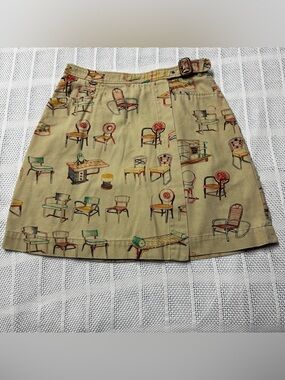 Anthropologie Postmark Canvas Beige Printed Wrap Skirt with Chair Motif